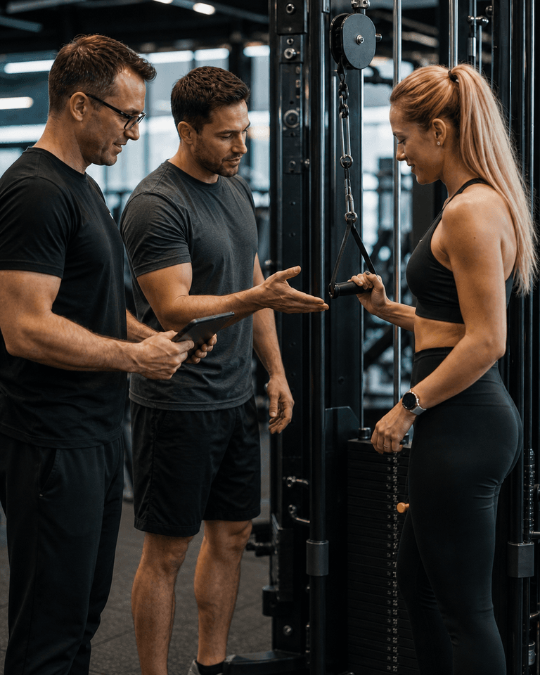 A coach explaining an exercise to a member