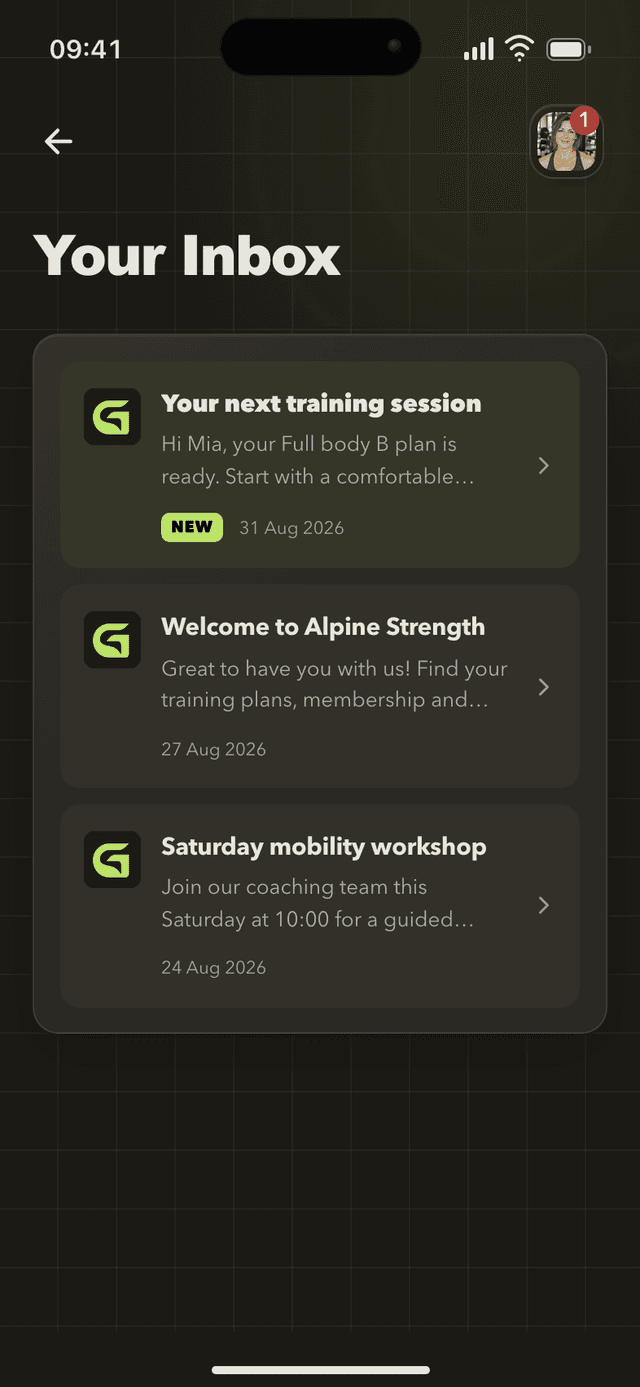 Messages from the gym in the member app